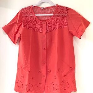NEW Never Worn Cotton and Lace Embroidered Top Buttoned Front - PINK/PAPAYA